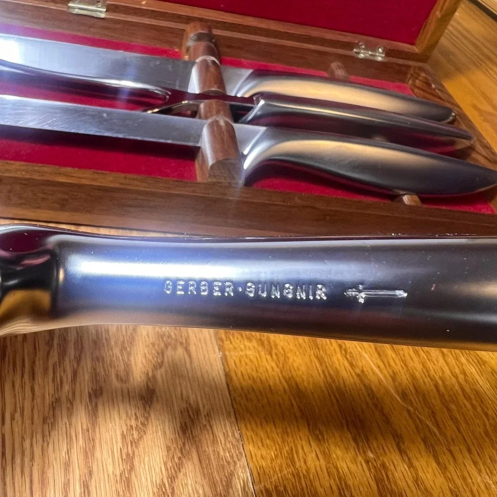 VTG Gerber Legendary Blades Carving Set Walnut Case Ron Knife Gunnir Steel USA